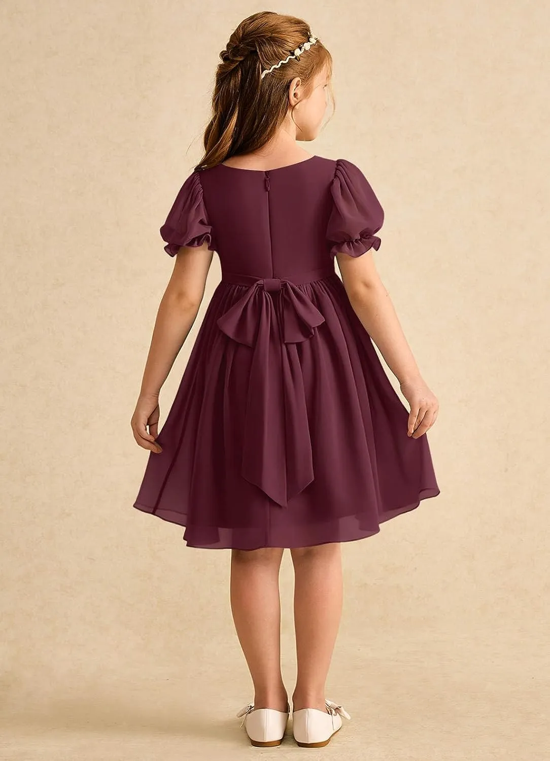 Junior Girls Bridesmaid Dress for Wedding Chiffon Short Puff Sleeve Flower Girl Dresses for Teen with Bow Back JR032