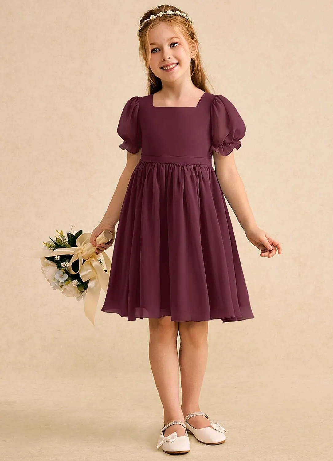 Junior Girls Bridesmaid Dress for Wedding Chiffon Short Puff Sleeve Flower Girl Dresses for Teen with Bow Back JR032