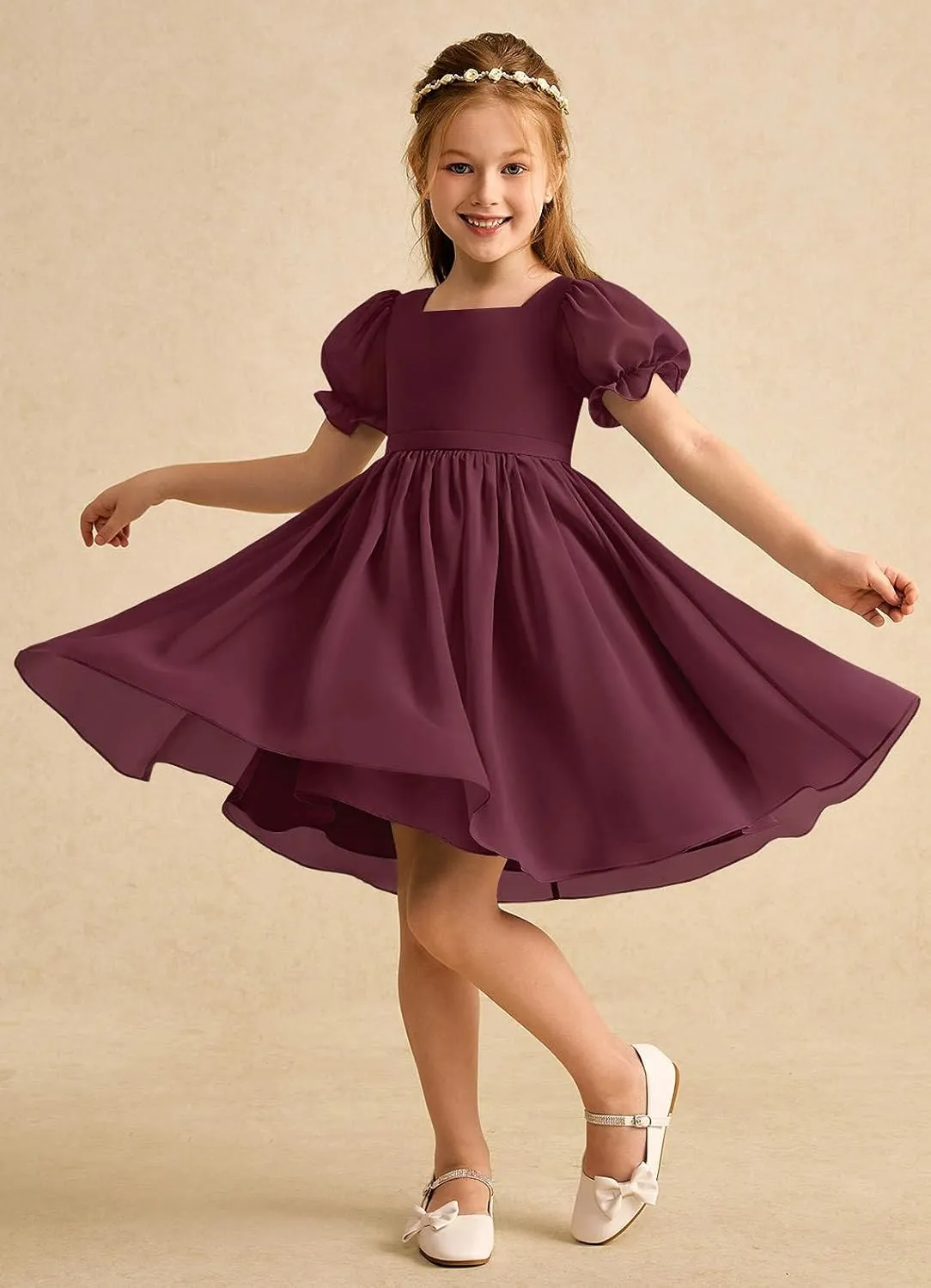 Junior Girls Bridesmaid Dress for Wedding Chiffon Short Puff Sleeve Flower Girl Dresses for Teen with Bow Back JR032