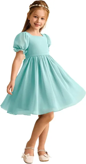 Junior Girls Bridesmaid Dress for Wedding Chiffon Short Puff Sleeve Flower Girl Dresses for Teen with Bow Back JR032