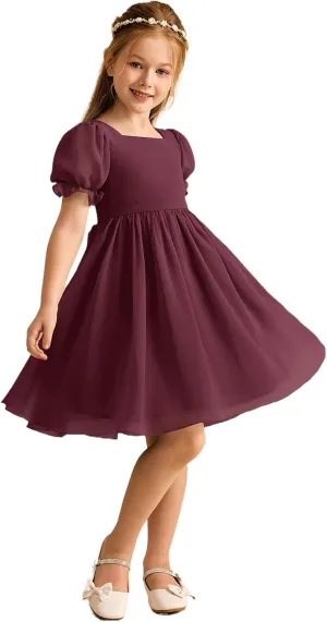 Junior Girls Bridesmaid Dress for Wedding Chiffon Short Puff Sleeve Flower Girl Dresses for Teen with Bow Back JR032
