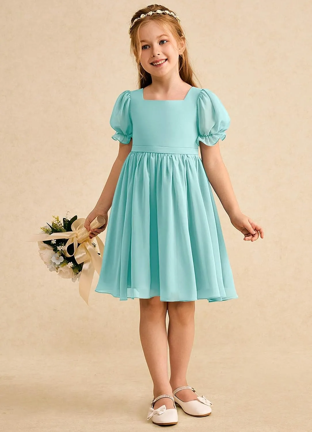 Junior Girls Bridesmaid Dress for Wedding Chiffon Short Puff Sleeve Flower Girl Dresses for Teen with Bow Back JR032