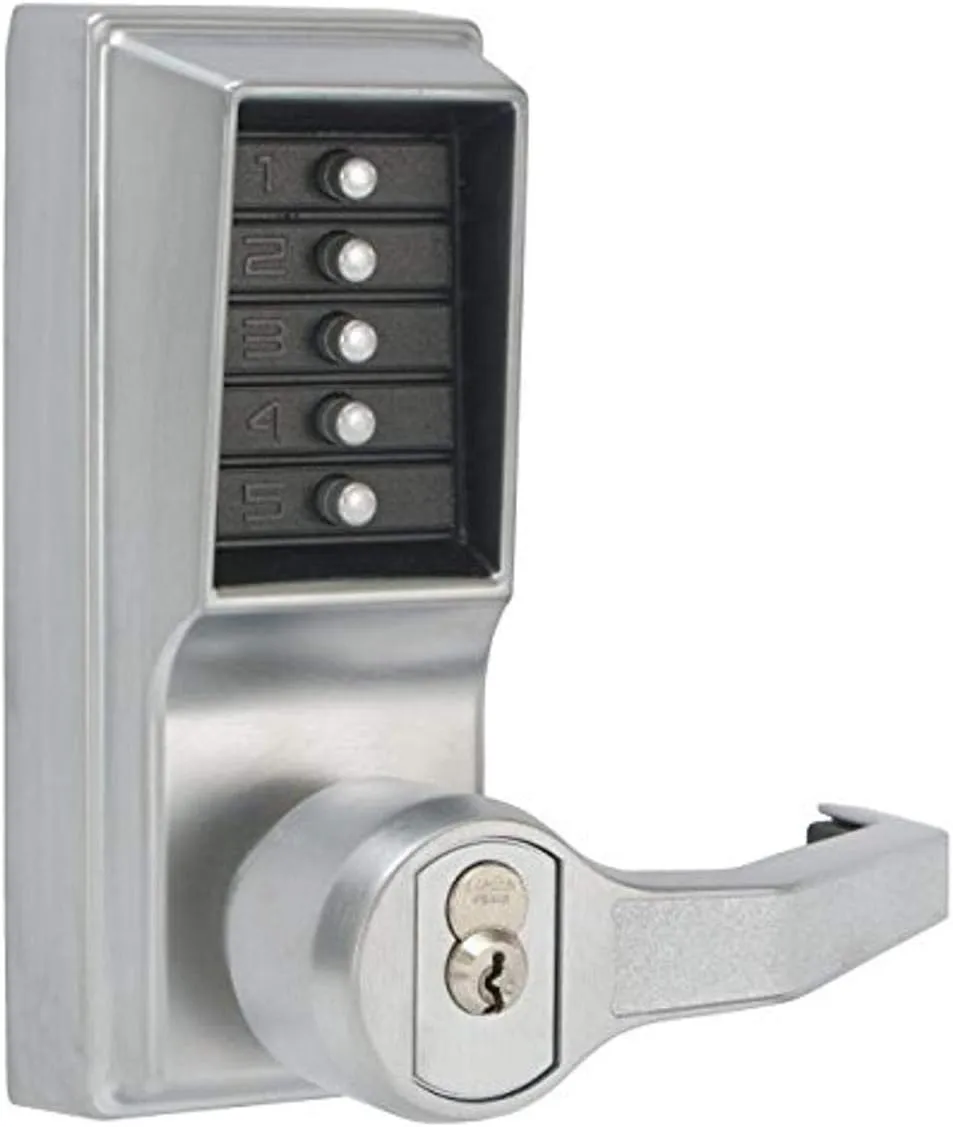 Kaba Simplex L1000 Series Metal Mechanical Pushbutton Cylindrical Lock with Lever, Key Override, 13mm Throw Latch, Floating Face Plate, 70mm Backset, I/C Best and Equivalents (6 or 7 Pin Length), Core Not Included, Satin Chrome Finish, Left Hand