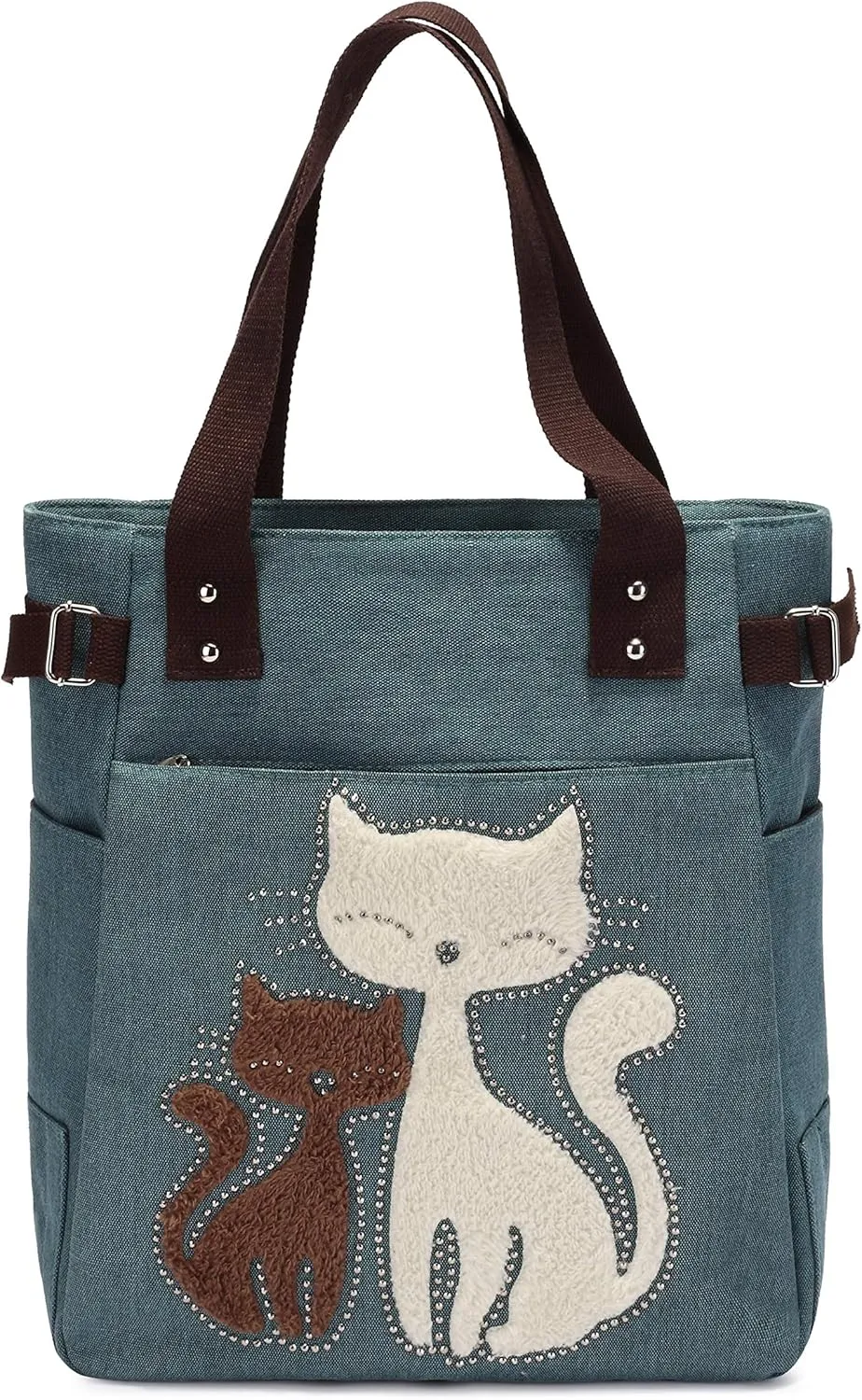 KAUKKO Women Canvas Handbag Shoulder Bag Cat Big Tote Bag(093-ARMYGREEN)