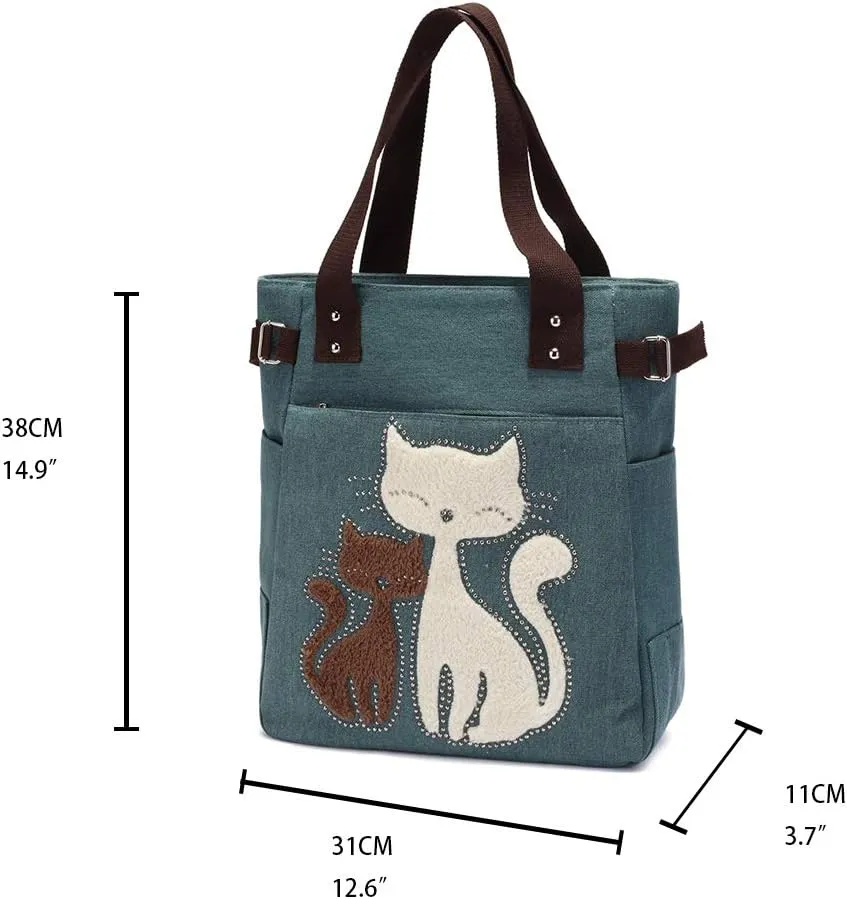 KAUKKO Women Canvas Handbag Shoulder Bag Cat Big Tote Bag(093-ARMYGREEN)