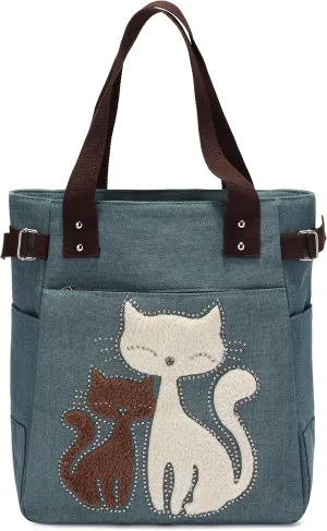 KAUKKO Women Canvas Handbag Shoulder Bag Cat Big Tote Bag(093-ARMYGREEN)