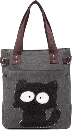 KAUKKO Women Canvas Handbag Shoulder Bag Cat Big Tote Bag(093-BLACK)