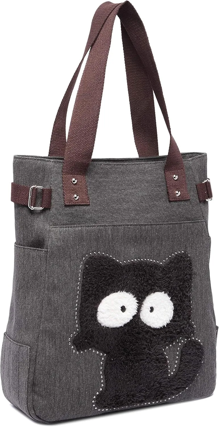 KAUKKO Women Canvas Handbag Shoulder Bag Cat Big Tote Bag(093-BLACK)