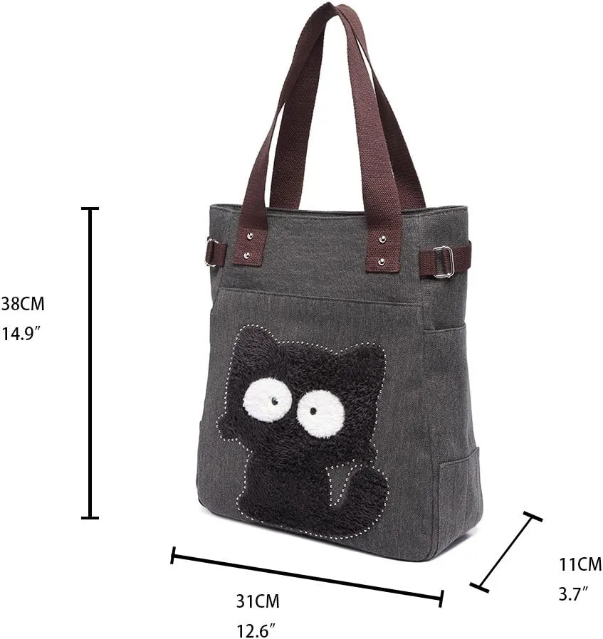 KAUKKO Women Canvas Handbag Shoulder Bag Cat Big Tote Bag(093-BLACK)