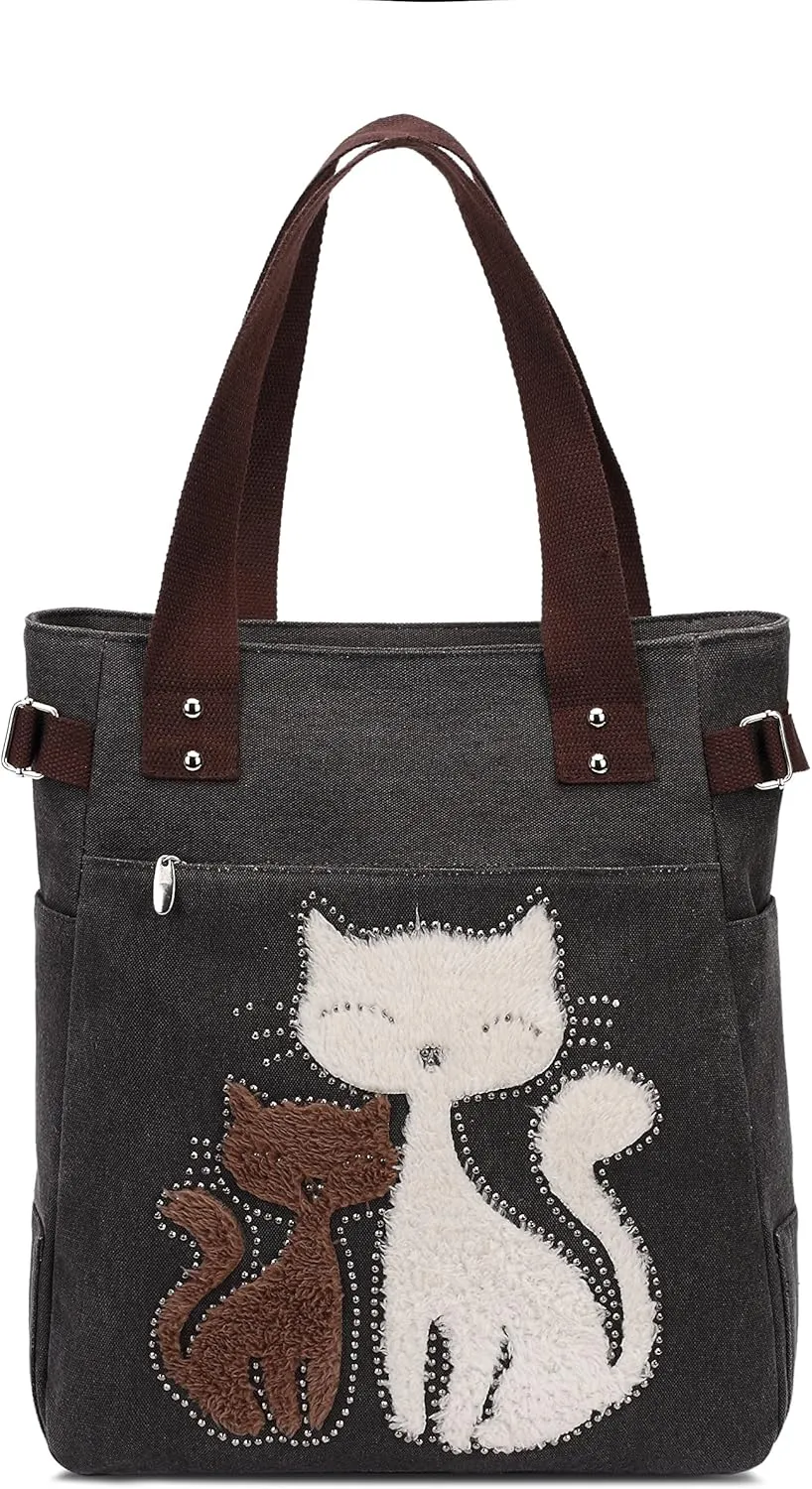 KAUKKO Women Canvas Handbag Shoulder Bag Cat Big Tote Bag(093-BLACK)
