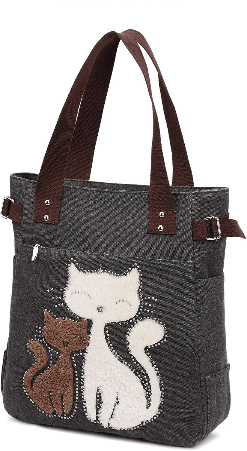 KAUKKO Women Canvas Handbag Shoulder Bag Cat Big Tote Bag(093-BLACK)