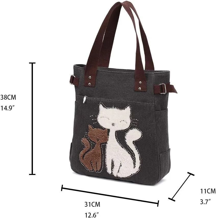 KAUKKO Women Canvas Handbag Shoulder Bag Cat Big Tote Bag(093-BLACK)