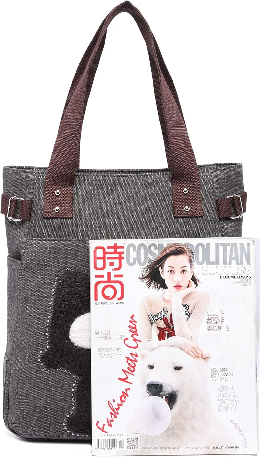 KAUKKO Women Canvas Handbag Shoulder Bag Cat Big Tote Bag(093-BLACK)