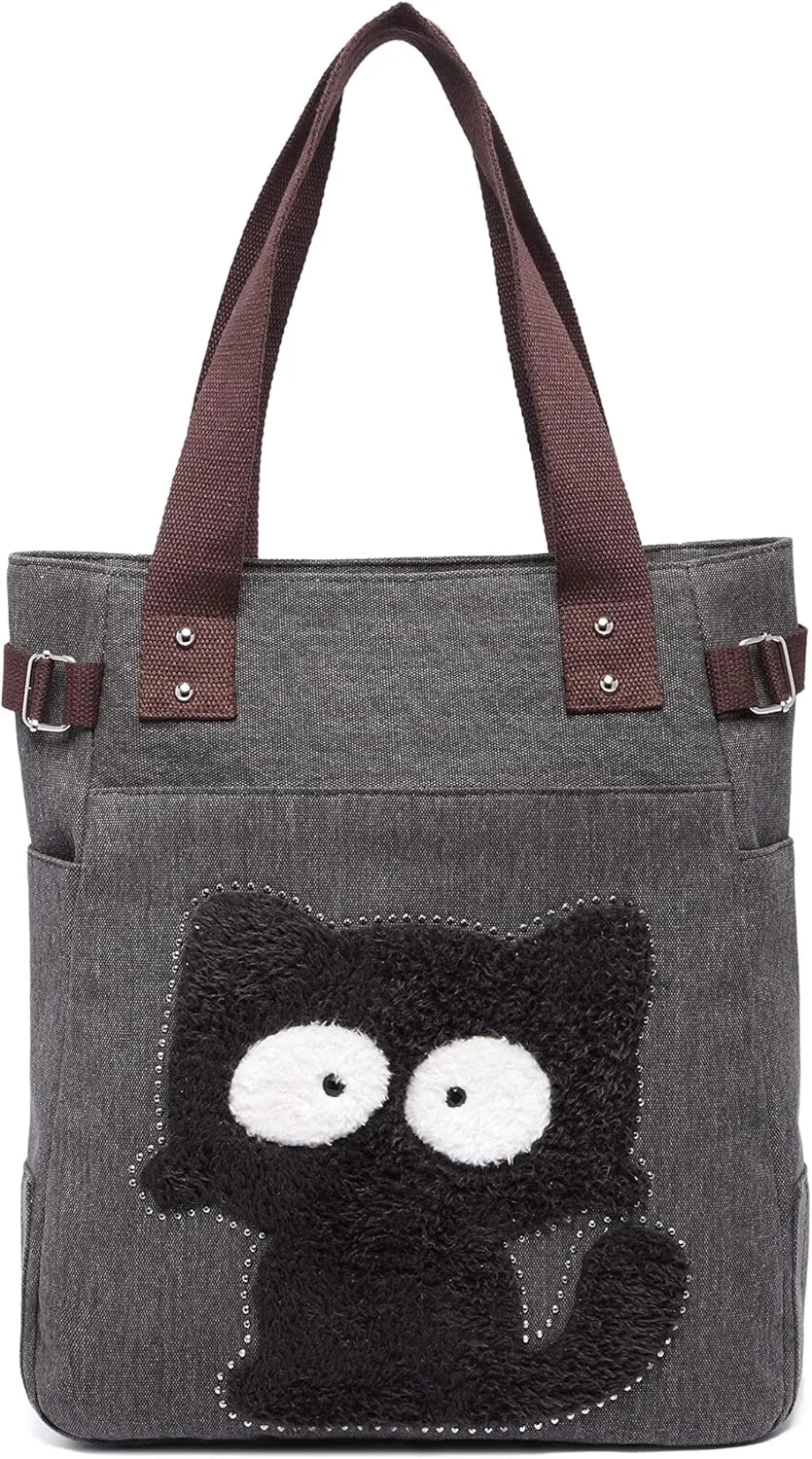KAUKKO Women Canvas Handbag Shoulder Bag Cat Big Tote Bag(093-BLACK)