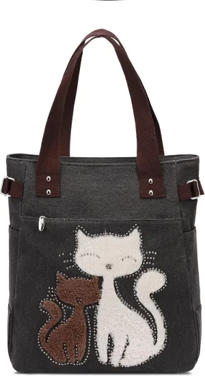 KAUKKO Women Canvas Handbag Shoulder Bag Cat Big Tote Bag(093-BLACK)