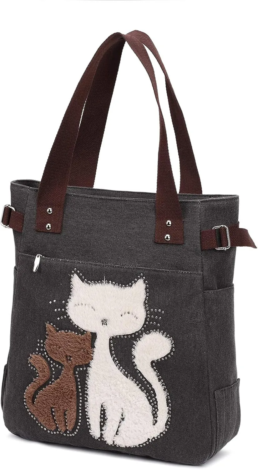 KAUKKO Women Canvas Handbag Shoulder Bag Cat Big Tote Bag(093-BLACK)