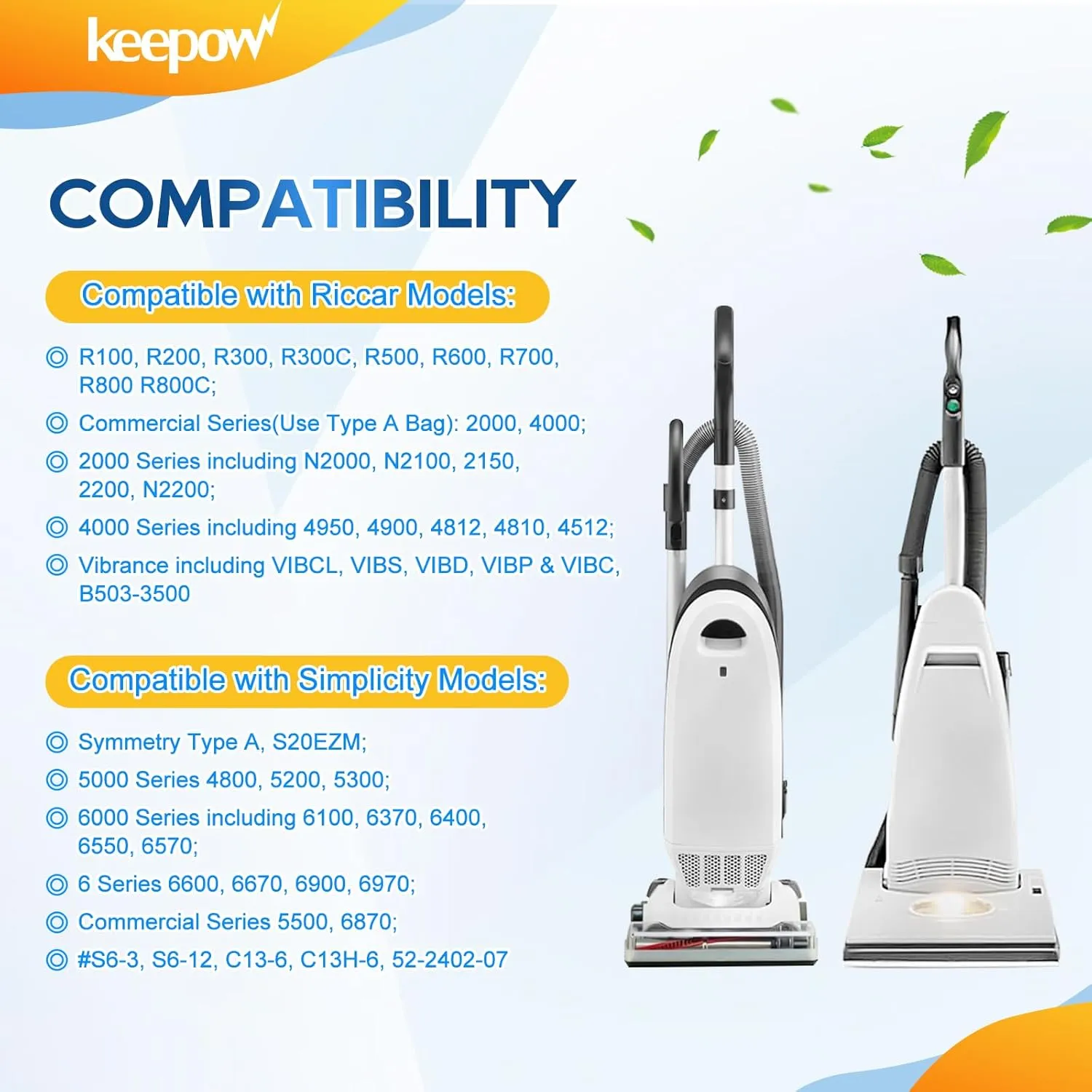 KEEPOW 12 Pack Vacuum Bags Type A for Riccar Vibrance R-Series 2000/4000 Series & Simplicity Symmetry S20EZM 5000/6000 Series Upright Vacuum Cleaners, Part RAH-6/SAH-6