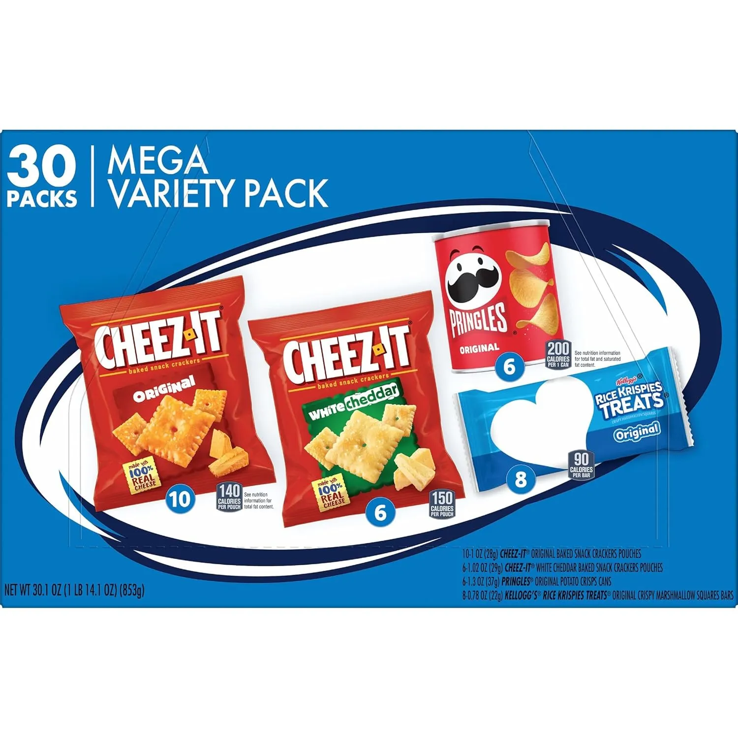 Kellogg's Cheez-It, Pringles & Rice Krispies Treats Snacks Mega Variety Pack, 30.1oz Box (30 Count)