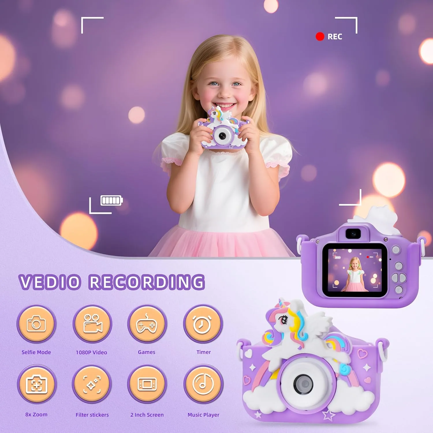 Kids Camera Toys for 3 4 5 6 7 8 Year Old Girls: Toddler Camera Birthday for Kids, 1080P Digital Video Unicorn Camera for Girls Boys Party Outdoor Travel