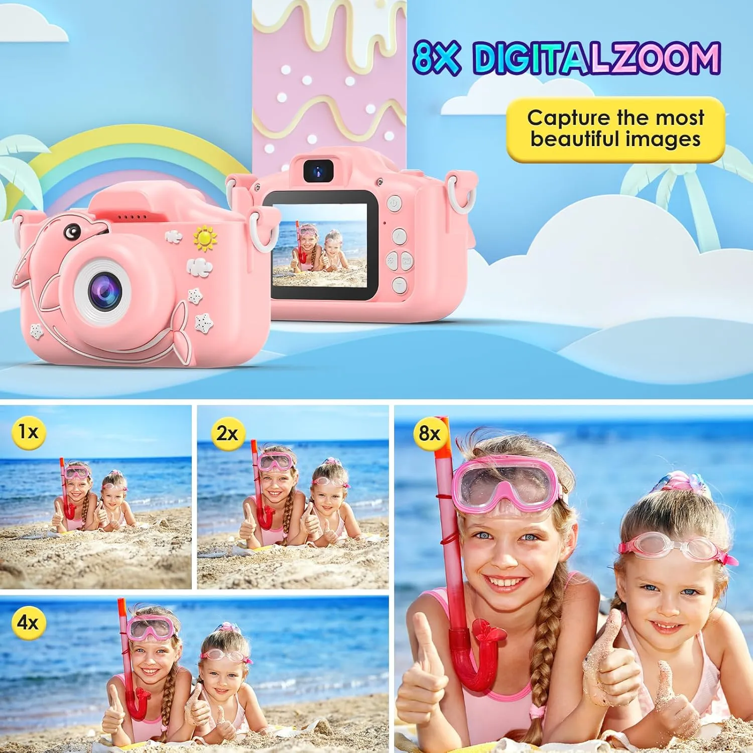Kids Camera Toys with Cartoon Silicone Cover, Digital Mini Camera for 3 4 5 6 7 8 9 10 11 12 Year Old Boys Girls Birthday Chirstmas Gifts Ideas - Personal Video Players(Dolphin Pink)