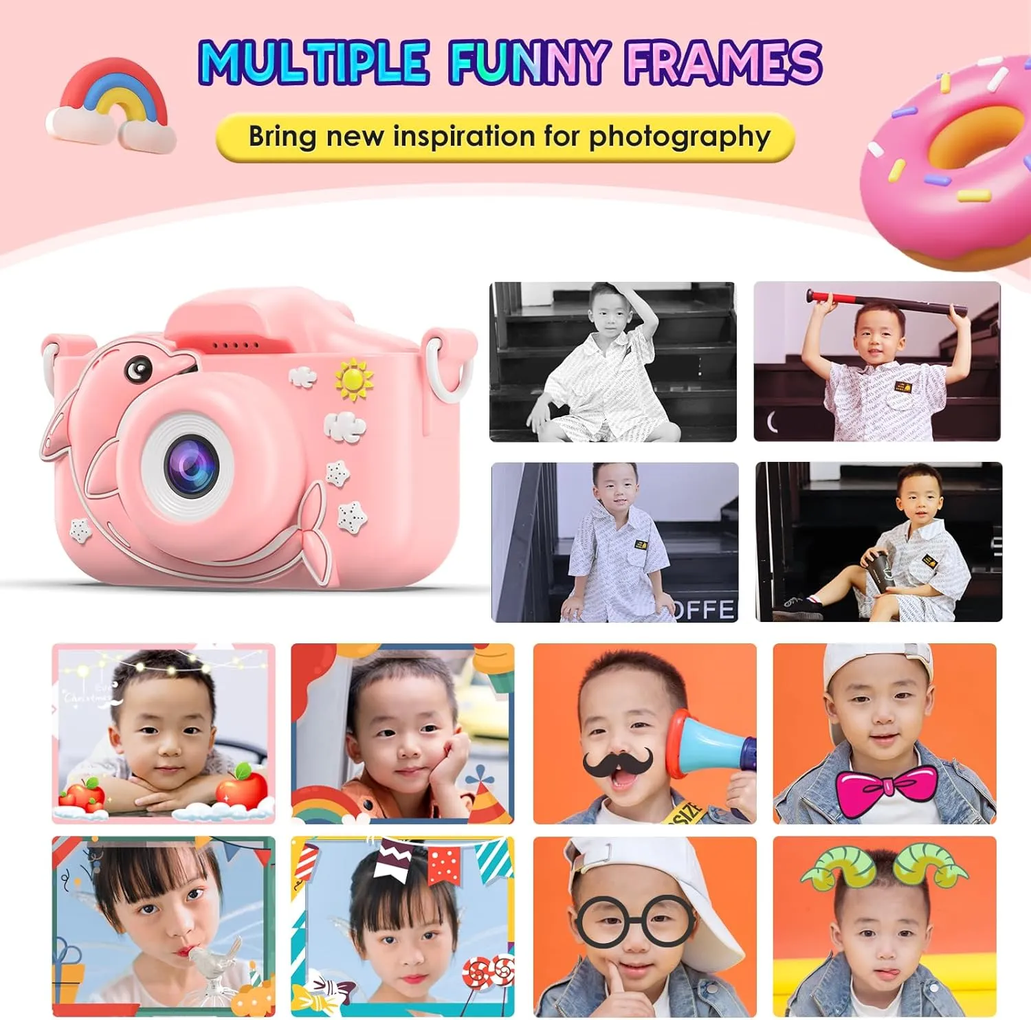 Kids Camera Toys with Cartoon Silicone Cover, Digital Mini Camera for 3 4 5 6 7 8 9 10 11 12 Year Old Boys Girls Birthday Chirstmas Gifts Ideas - Personal Video Players(Dolphin Pink)