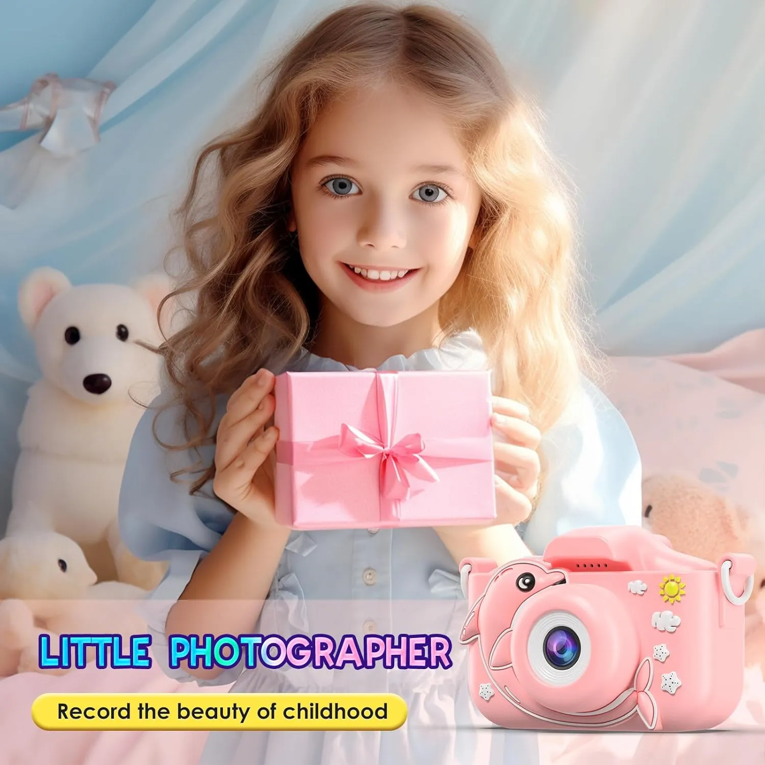 Kids Camera Toys with Cartoon Silicone Cover, Digital Mini Camera for 3 4 5 6 7 8 9 10 11 12 Year Old Boys Girls Birthday Chirstmas Gifts Ideas - Personal Video Players(Dolphin Pink)