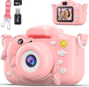 Kids Camera Toys with Cartoon Silicone Cover, Digital Mini Camera for 3 4 5 6 7 8 9 10 11 12 Year Old Boys Girls Birthday Chirstmas Gifts Ideas - Personal Video Players(Dolphin Pink)