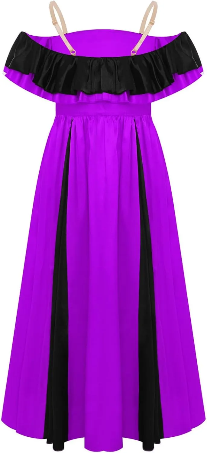 Kids Girls Color Block Formal Ball Gowns Prom Party Maxi Princess Dress Satin Flamenco Costume