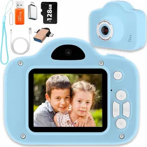 Kids Selfie Camera，Kids Camera Toys for 3-12 Years Old Girls Boys，Portable Children Digital Video Camcorder Camera with OTG Adapter Instantly Share Photos，Best Chritmas Gift for Kids with 128G SD Card