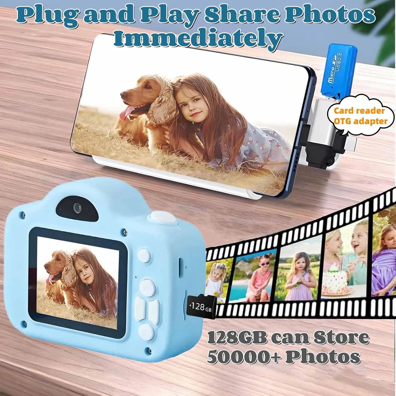 Kids Selfie Camera，Kids Camera Toys for 3-12 Years Old Girls Boys，Portable Children Digital Video Camcorder Camera with OTG Adapter Instantly Share Photos，Best Chritmas Gift for Kids with 128G SD Card