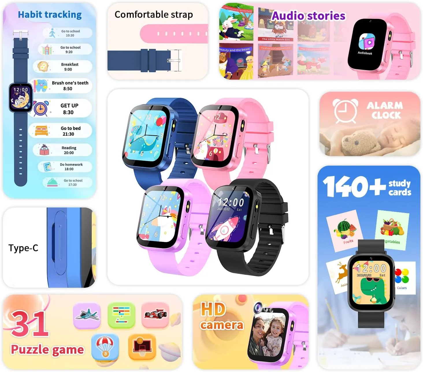 Kids Smart Watch with Learning Card, Audio Story, 31 Games, HD Camera, Music Player, Pedometer, Flashlight, Educational Toys, Perfect Birthday for Boys and Girls Ages 4-10 (Pink)