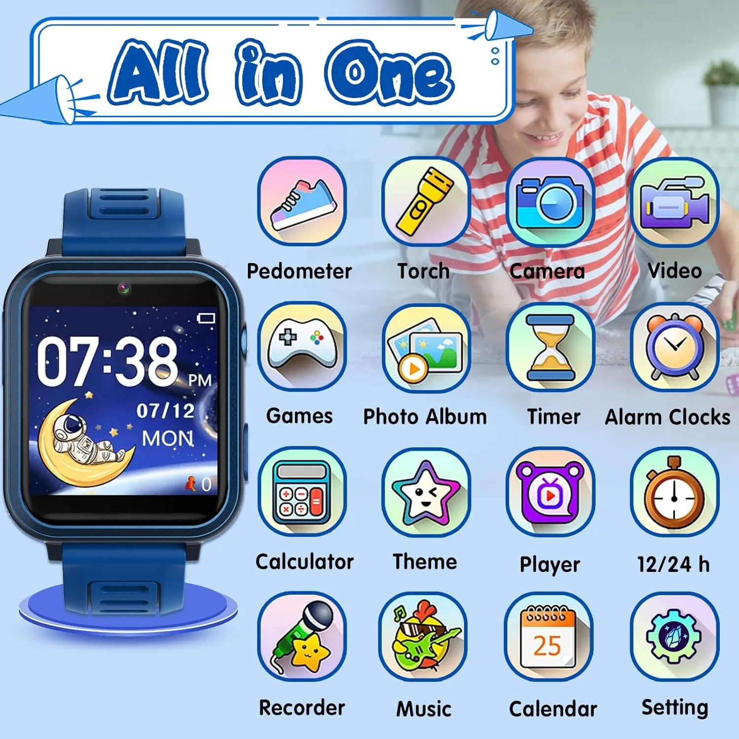 Kids Smartwatch, Toy for Boys and Girls Ages 3-13 with 24 Games, Camera, Music Playback, time Display, Video and Audio Recording Features and More (Blue)
