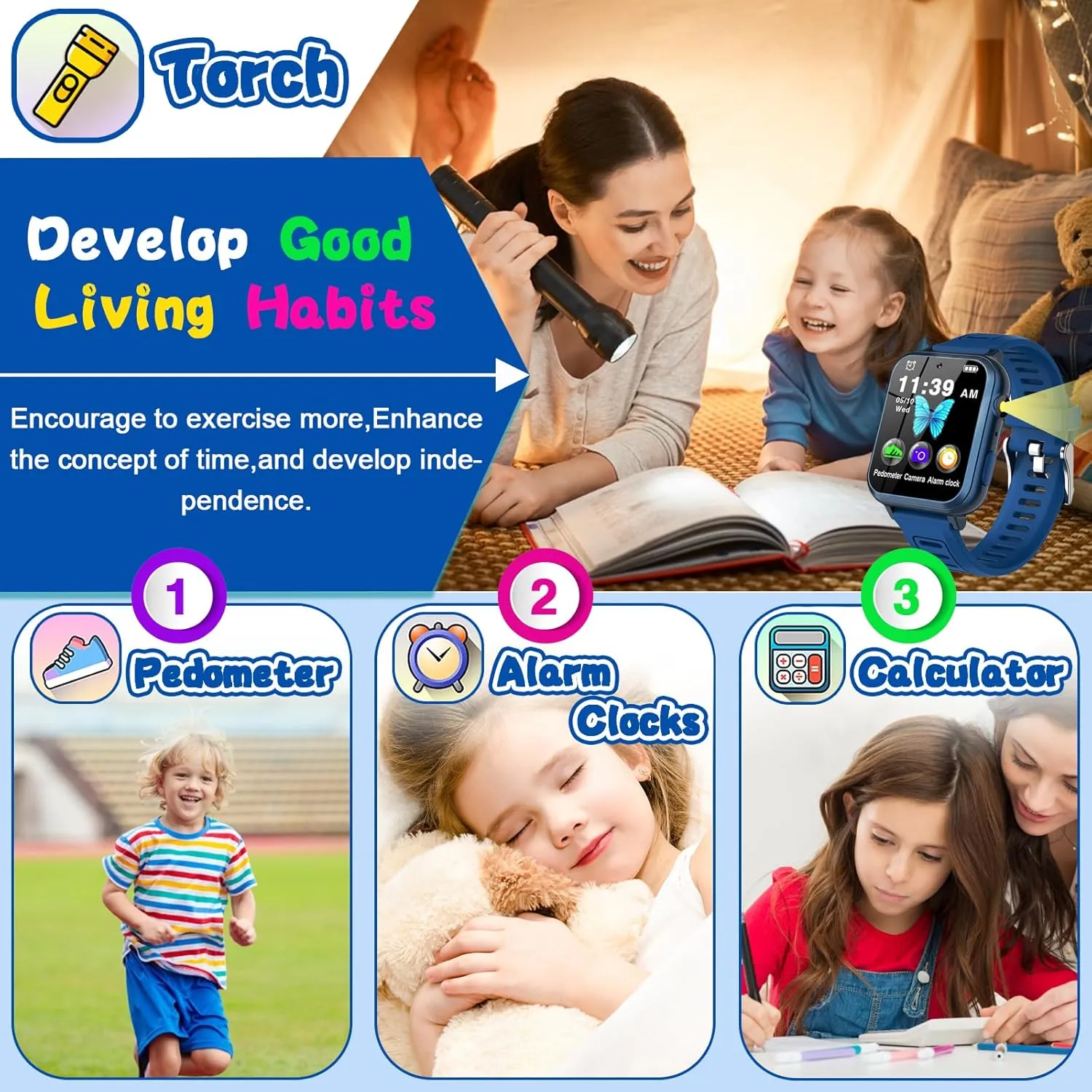 Kids Smartwatch, Toy for Boys and Girls Ages 3-13 with 24 Games, Camera, Music Playback, time Display, Video and Audio Recording Features and More (Blue)