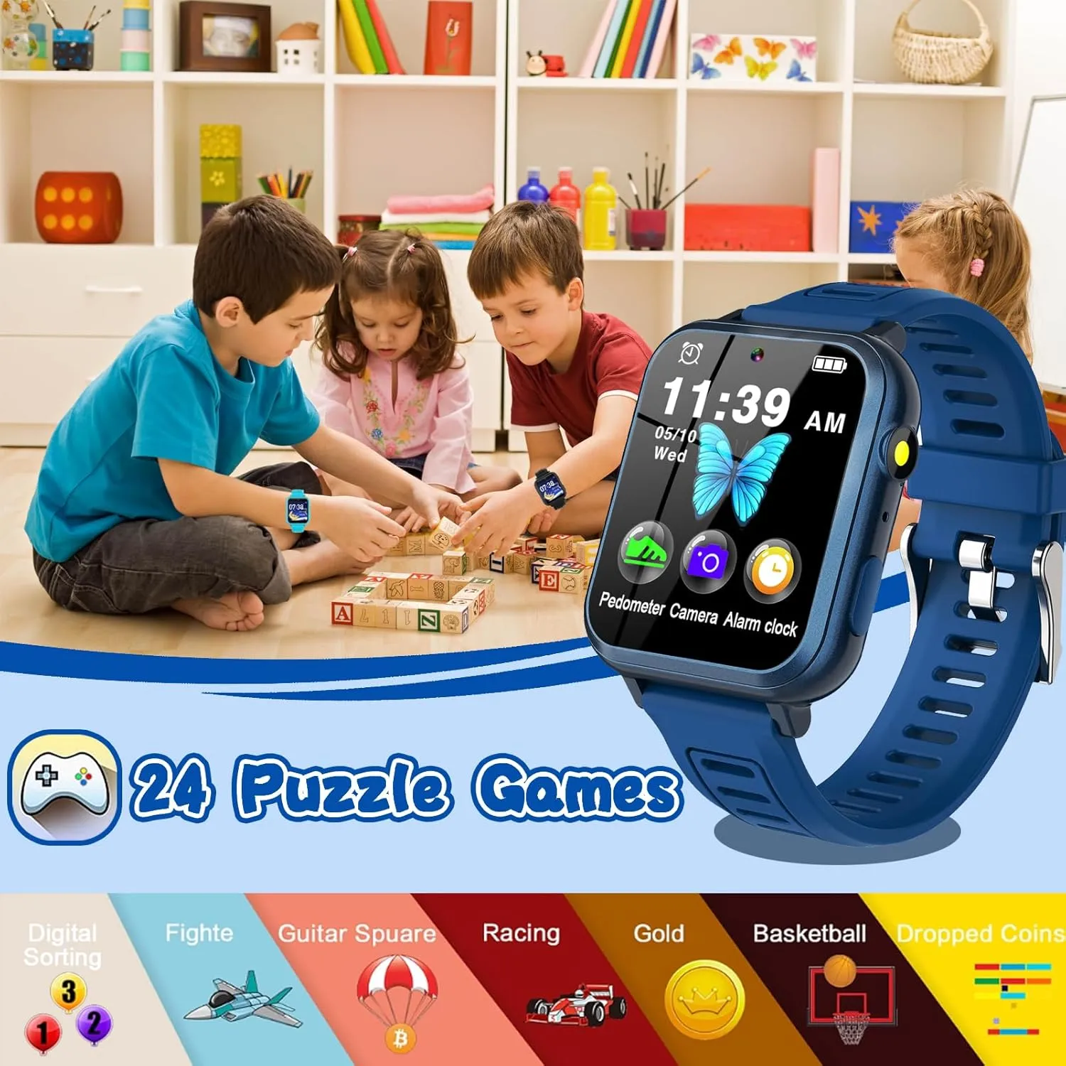 Kids Smartwatch, Toy for Boys and Girls Ages 3-13 with 24 Games, Camera, Music Playback, time Display, Video and Audio Recording Features and More (Blue)