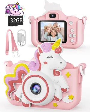 Kikapabi Unicorn Kids Camera Toys for Girls Boys Age 3-8, Christmas Birthday Gifts for Girls Age 3 4 5 6 7 8, Digital Camera with Silicon Cute Cover for Kids, Toddler Camera for Kids with 32G SD Card
