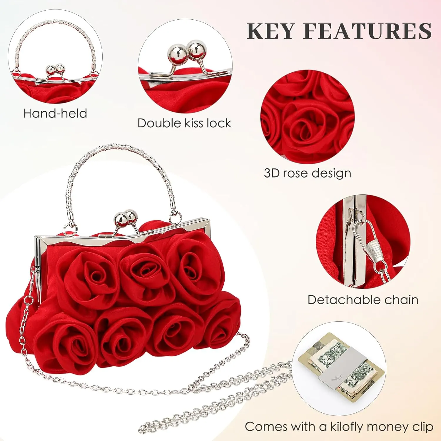 kilofly Missy K 7 Roses Clutch Purse, Satin, with Detachable Strap Money Clip