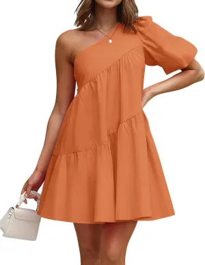 KIRUNDO Womens 2025 Summer Casual One Shoulder Mini Babydoll Dress Puff Sleeve Loose Tiered A Line Flowy Short Dresses
