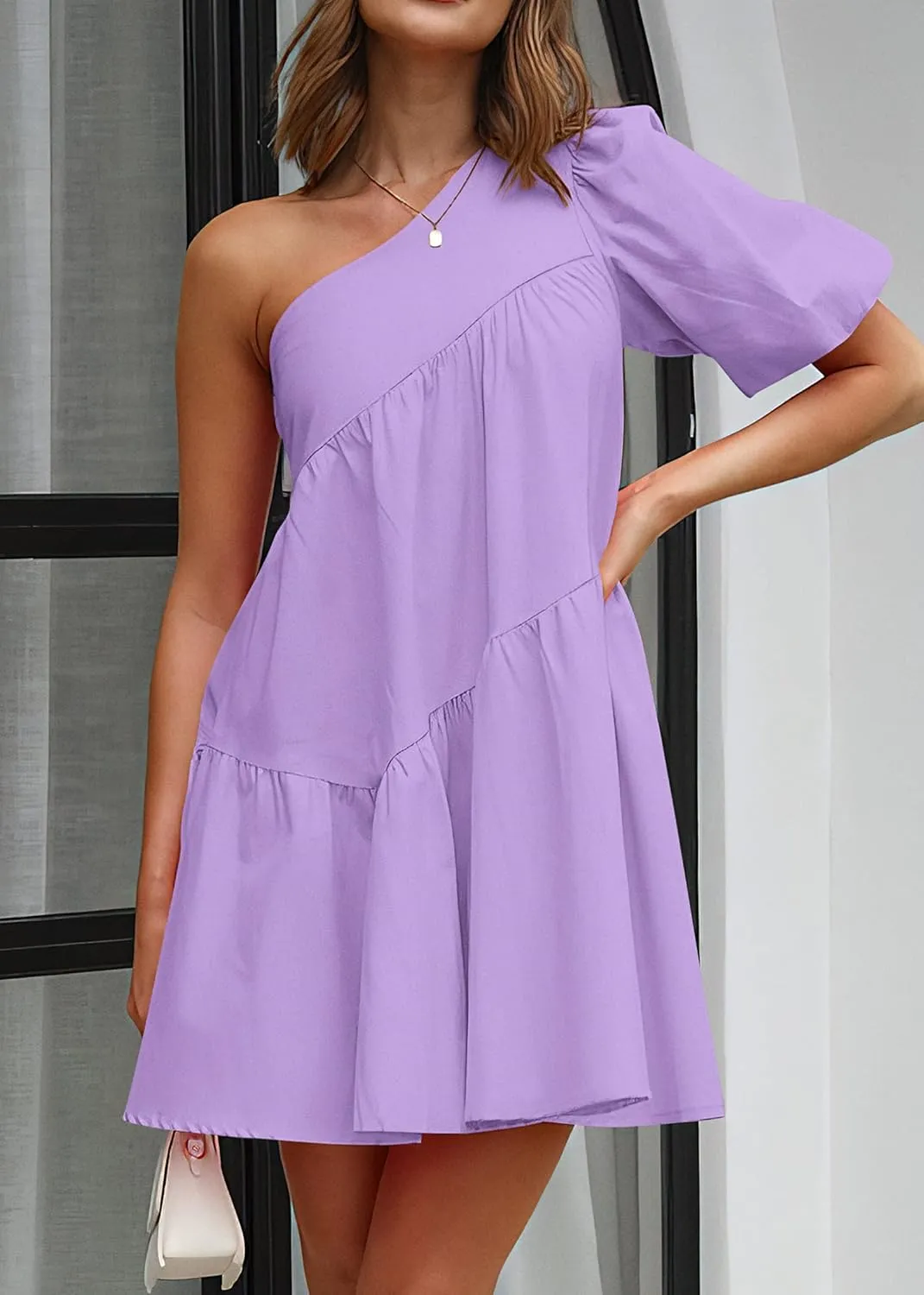 KIRUNDO Womens 2025 Summer Casual One Shoulder Mini Babydoll Dress Puff Sleeve Loose Tiered A Line Flowy Short Dresses