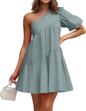 KIRUNDO Womens 2025 Summer Casual One Shoulder Mini Babydoll Dress Puff Sleeve Loose Tiered A Line Flowy Short Dresses