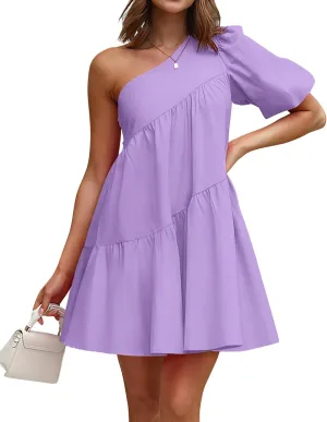 KIRUNDO Womens 2025 Summer Casual One Shoulder Mini Babydoll Dress Puff Sleeve Loose Tiered A Line Flowy Short Dresses