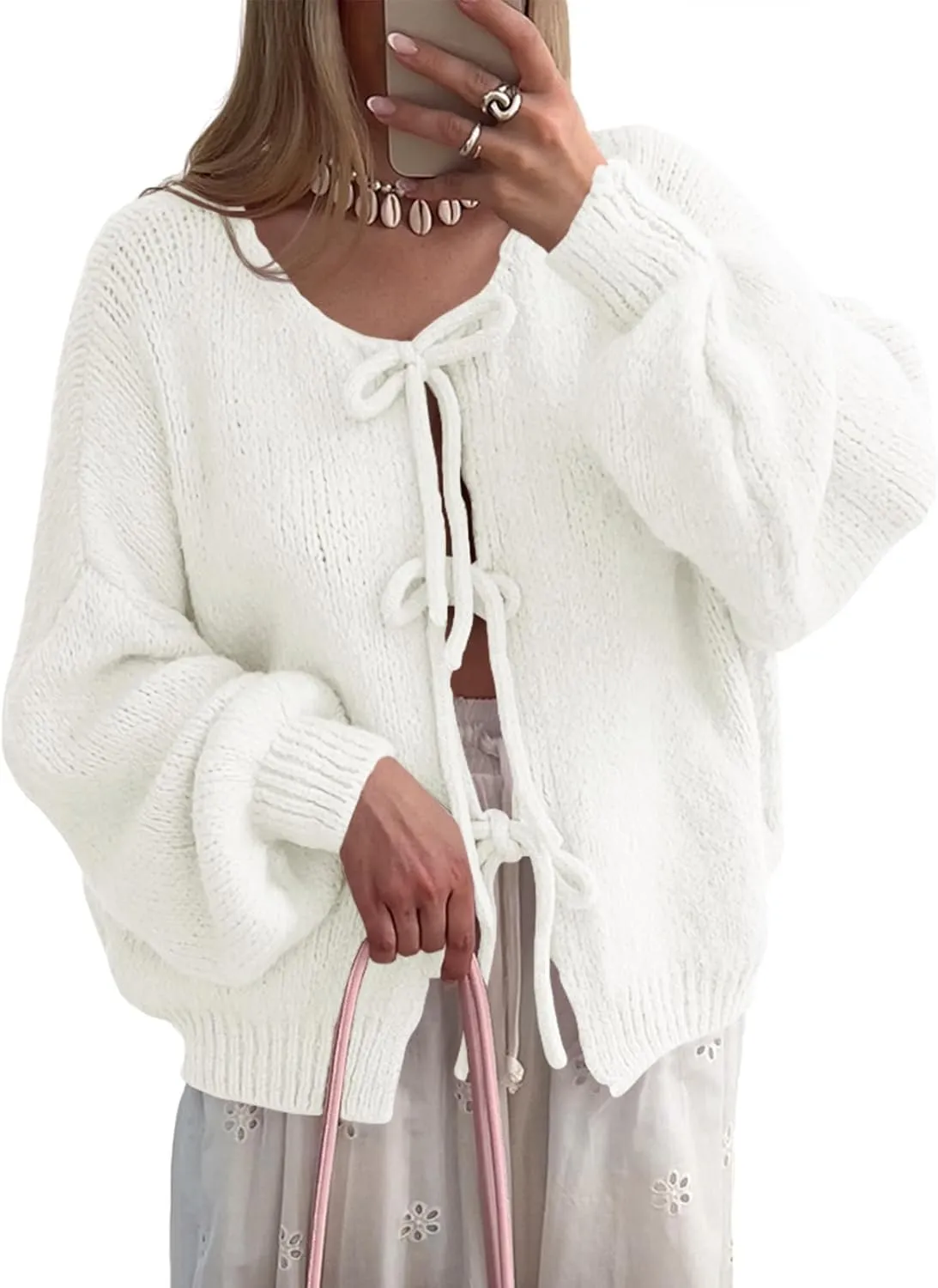 Kissonic Women's Tie Front Bow Cardigan Sweaters Y2K Bow Puff Long Sleeve Jacket 2024 Fall Trendy Tops