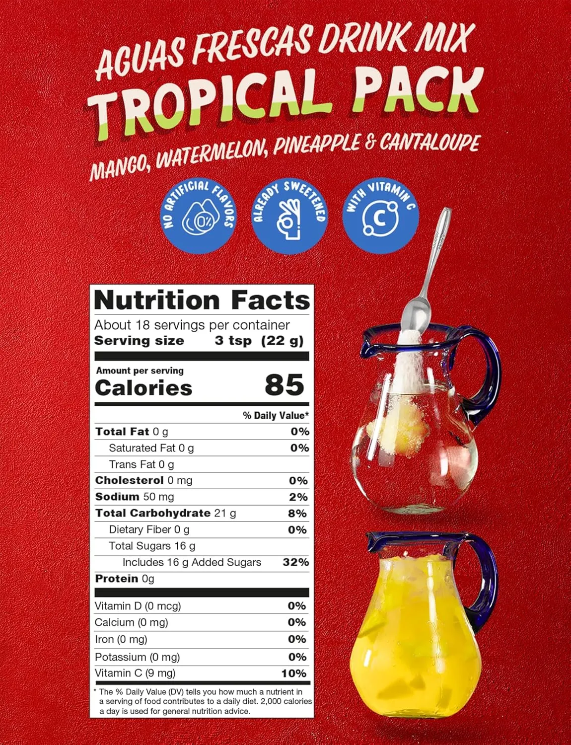 Klass Aguas Frescas | Drink Mix Tropical Variety Pack | Watermelon, Cantaloupe, Mango & Pineapple Drinks Flavors | From Natural Sources, No Artificial Flavors, With Vitamin C (Makes 7 to 9 Quarts) 14.1 Oz Family Pack (4-Pack)