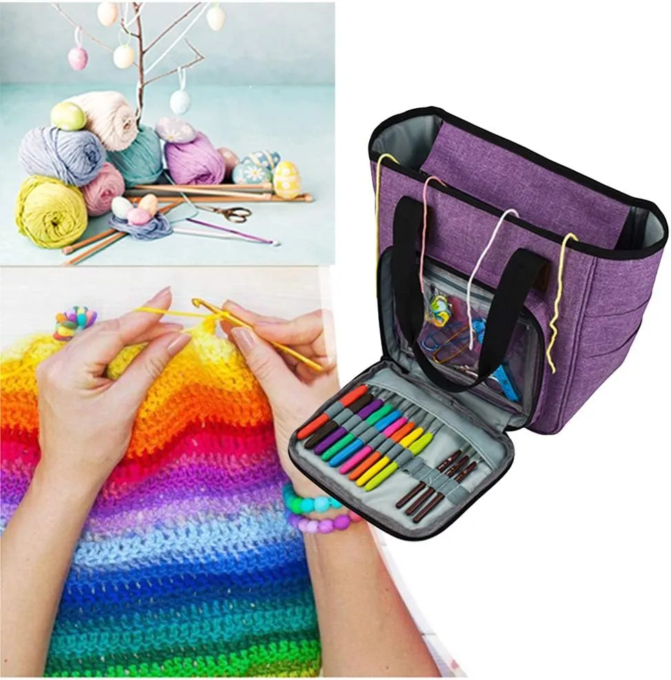 Knitting Tote Bag, Portable Oxford Cloth Yarn Storage Organizer Easy to Carry Yarn Crochet Knitting Needle Organizer Sewing Supplies (Purple)
