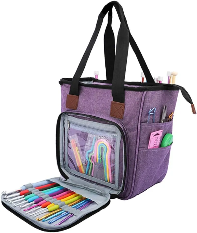 Knitting Tote Bag, Portable Oxford Cloth Yarn Storage Organizer Easy to Carry Yarn Crochet Knitting Needle Organizer Sewing Supplies (Purple)