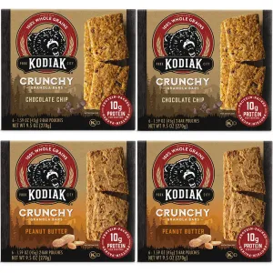 Kodiak Cakes Crunchy Granola Bar Variety Pack - Peanut Butter (2 boxes) and Chocolate Chip (2 boxes) High Protein Granola Bar Snack - 100% Whole Grain Granola Bars Bulk - (24) Total Pouches