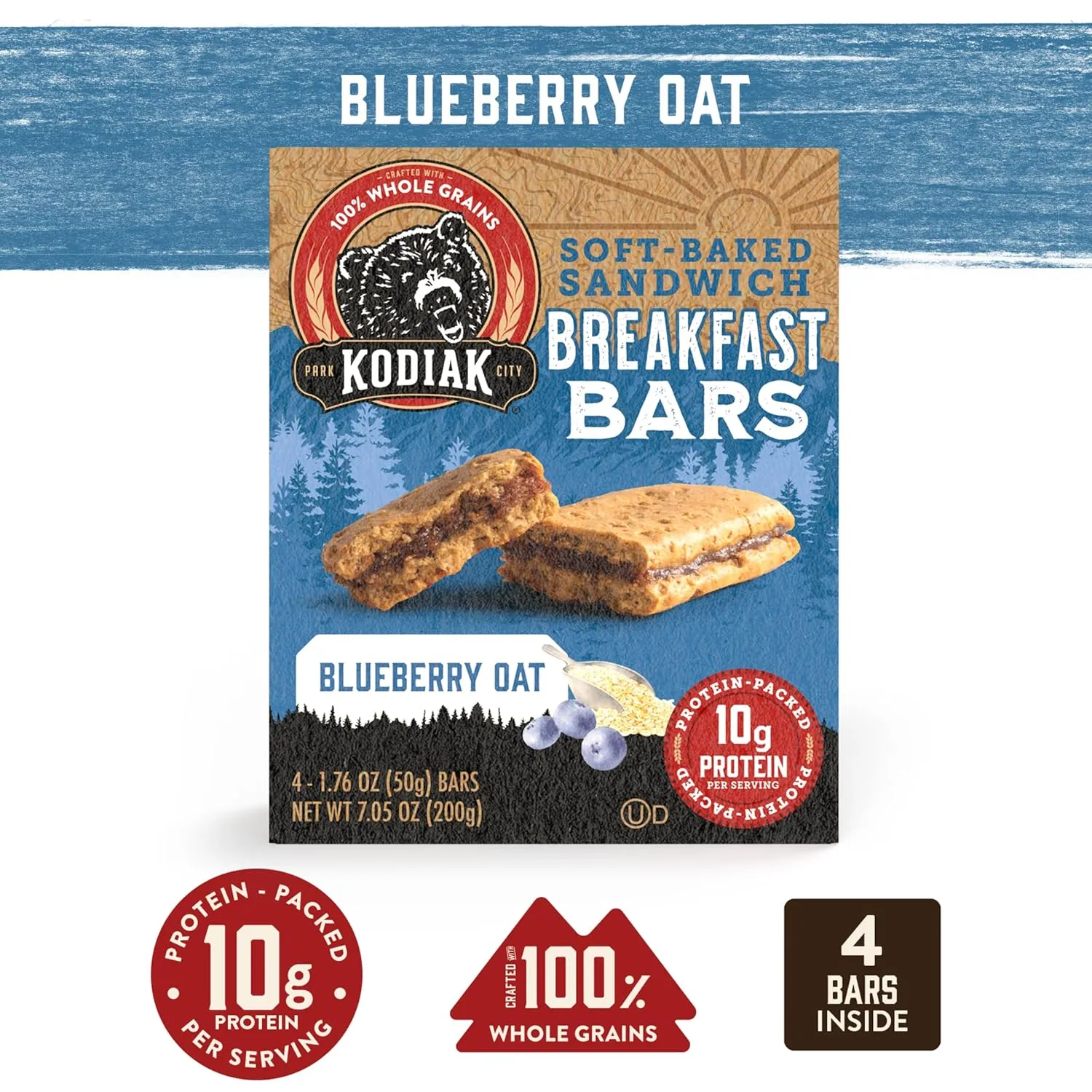 Kodiak Cakes Soft Baked Sandwich Breakfast Bar, Blueberry Oat, High Protein, 100% Whole Grains, 12 boxes with 4 bars each (48 bars total)