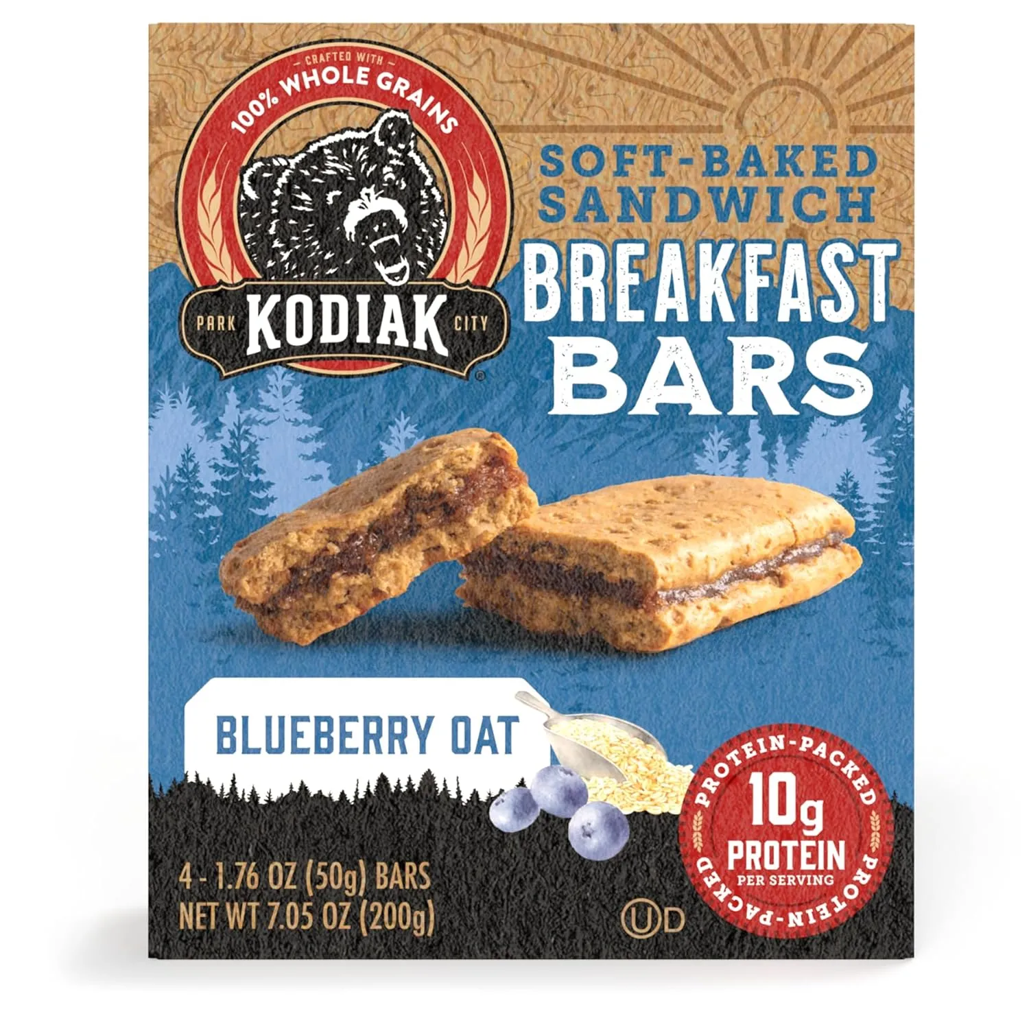 Kodiak Cakes Soft Baked Sandwich Breakfast Bar, Blueberry Oat, High Protein, 100% Whole Grains, 12 boxes with 4 bars each (48 bars total)