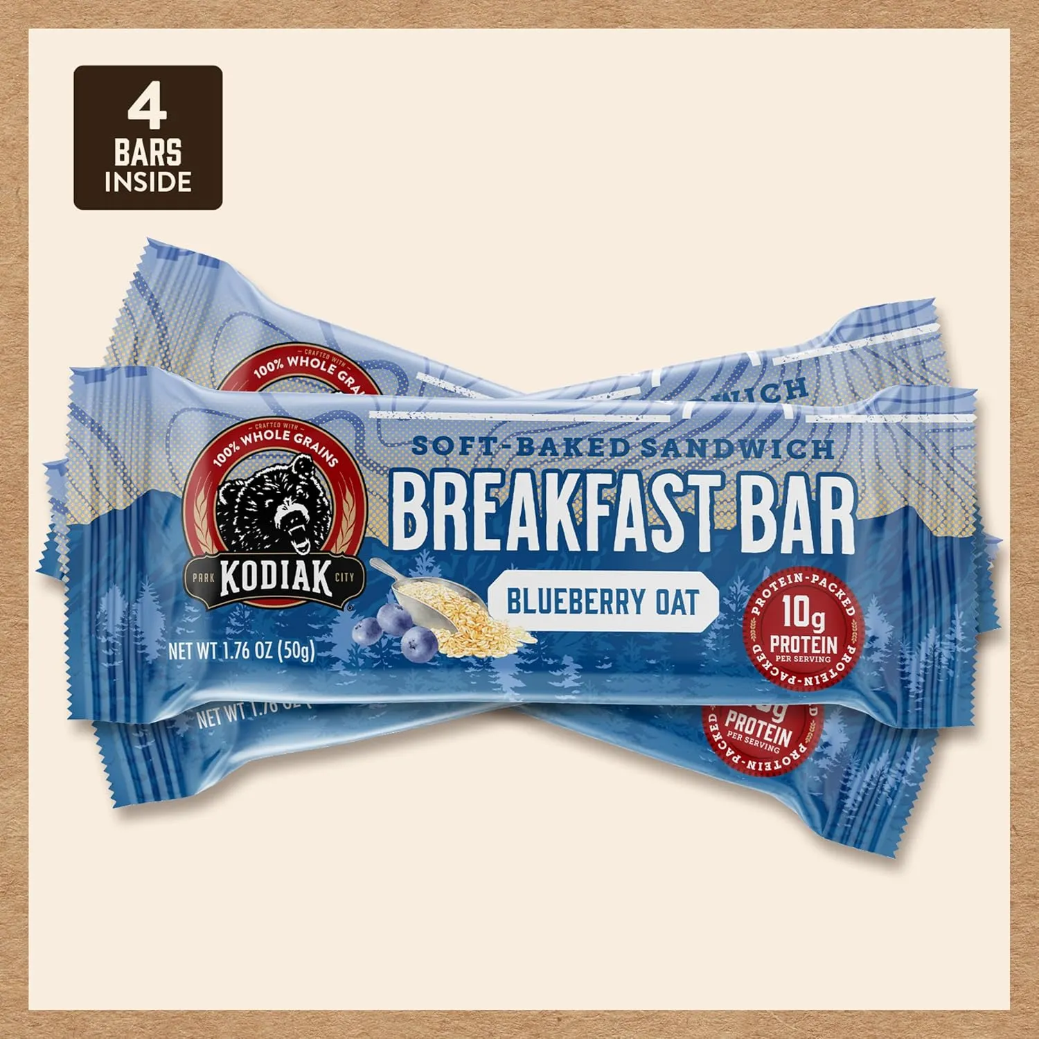 Kodiak Cakes Soft Baked Sandwich Breakfast Bar, Blueberry Oat, High Protein, 100% Whole Grains, 12 boxes with 4 bars each (48 bars total)