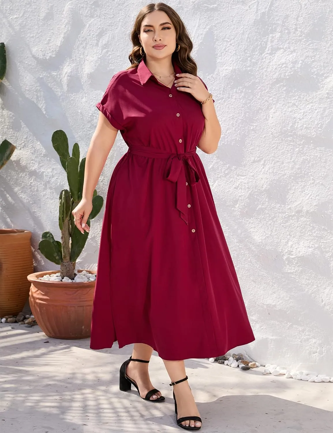 KOJOOIN Plus Size Maxi Dresses for Women Summer Tie Belt Work Polo Dress Business Casual Button Down Dress