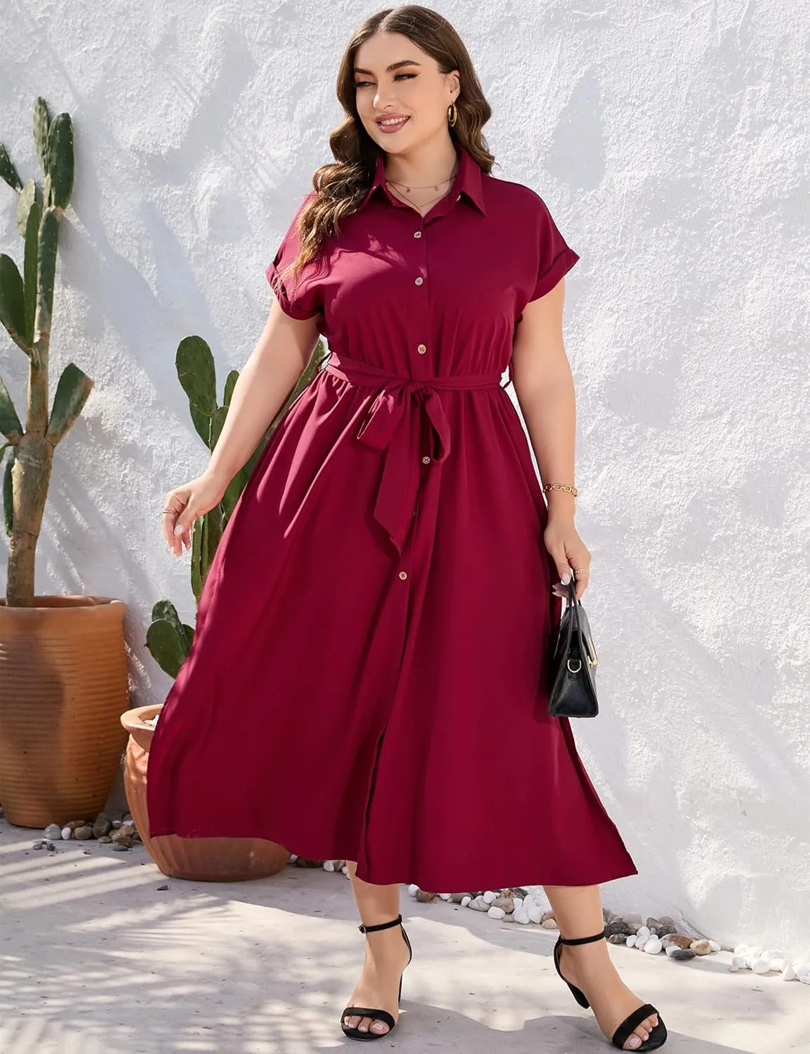 KOJOOIN Plus Size Maxi Dresses for Women Summer Tie Belt Work Polo Dress Business Casual Button Down Dress